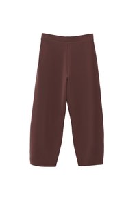 Bordeaux brede pijpen broek van zacht materiaal met een gladde textuur, voorzien van twee voorzakken en een elastische tailleband.
