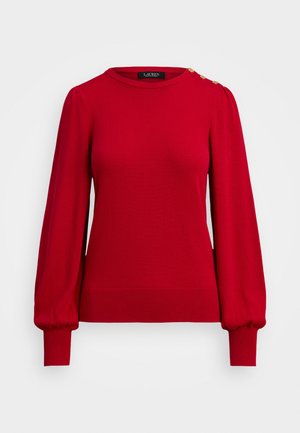 Roter Strickpullover mit langen, puffartigen Ärmeln, gerippten Bündchen und rundem Ausschnitt. Verfügt über drei goldene Knöpfe an der linken Schulter.