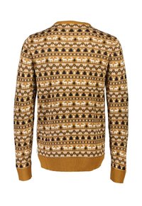  gestrickter Pullover mit goldfarbenem Grund, der weiße und schwarze geometrische Muster, Rentiere und Bäume zeigt. Rippbündchen an den Ärmeln und dem Saum sorgen für Details.