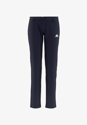 Pantaloni navy con vestibilità su misura, realizzati in tessuto elastico. Presentano una chiusura con bottone e un piccolo logo bianco sulla coscia sinistra.