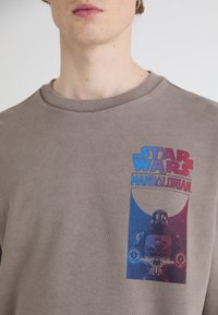 Felpa grigia con scollo rotondo. Presenta una stampa grafica colorata del Mandaloriano, con il testo audace "STAR WARS". Texture morbida.