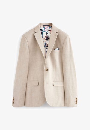 Beige linnen blazer met gekartelde revers, twee voorzakken en een enkele knoop. Interieur met bloemendessin en zakdoekdetails.
