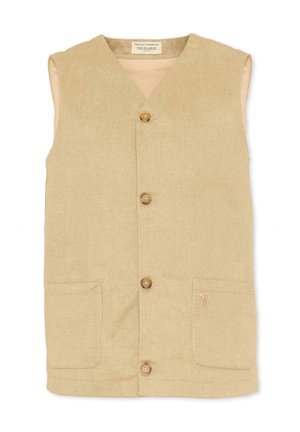 Gilet beige senza maniche con scollo a V, quattro bottoni frontali in legno e due tasche anteriori inferiori, disteso su sfondo bianco.