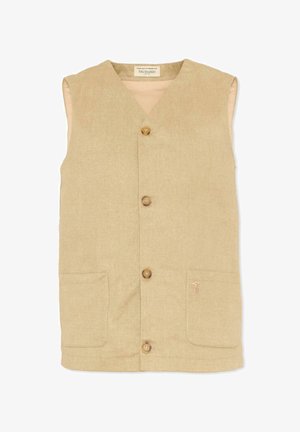 Gilet beige senza maniche con scollo a V, quattro bottoni frontali in legno e due tasche anteriori inferiori, disteso su sfondo bianco.