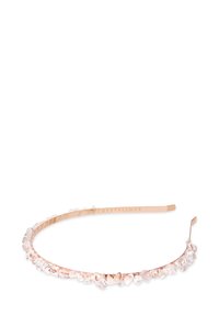 Serre-tête en or rose avec une finition texturée, orné de cristaux clairs sur le devant. Design élégant et flexible pour un port confortable.