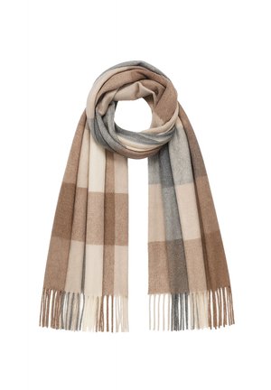 Zachte wollen sjaal met groot geruit patroon in beige, crème, grijs en bruine tinten, met franjes aan de uiteinden.