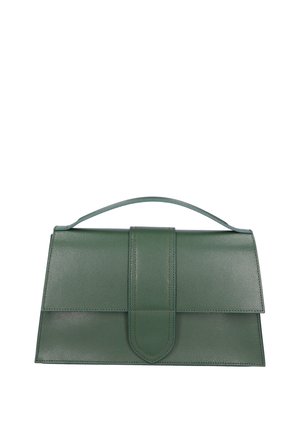 Groene leren handtas met een gestructureerd ontwerp, vouwflap-sluiting en handvat aan de bovenkant. Gladde textuur met een subtiel korrelpatroon.