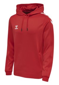Rote Kapuzenjacke aus weichem Material mit einem Logo auf der Brust und weißen Akzentstreifen an den Schultern. Verstellbare Zugbänder.