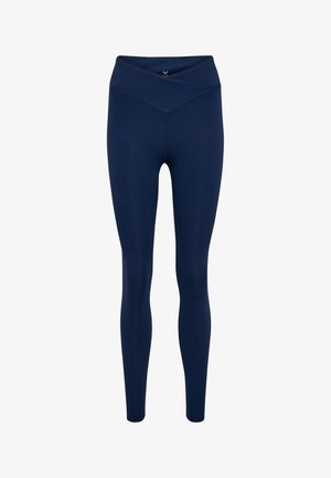 Marineblauwe legging met een hoge, omgevouwen taille. Gladde, rekbare stof met een aansluitend silhouet zonder zichtbare patronen of accessoires.