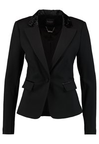 Blazer noir au design structuré, col en satin, deux poches avant et une fermeture à un bouton. Tissu lisse et coupe ajustée.