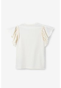 Weißes T-Shirt mit Rüschenschößen, aus weichem Baumwollmaterial. Schlichtes Rundhalsausschnitt-Design, Standardpassform und ohne sichtbare Muster.