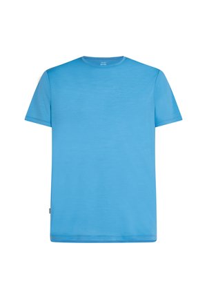 Modré tričko s krátkým rukávem a kulatým výstřihem, vyrobené z hladké tkaniny, s jemnou texturou a bez viditelných vzorů či akcentů.