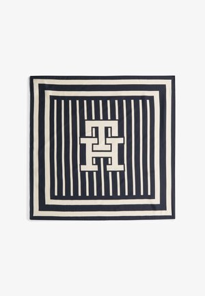 Vierkante zijden sjaal met een navy en crème gestreept patroon en een centraal monogram. Glad oppervlak met een strak, modern ontwerp.