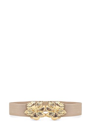 Cintura elastica beige con doppi dettagli hardware a forma di fiore dorati al centro, caratterizzata da una texture liscia e un design flessibile.