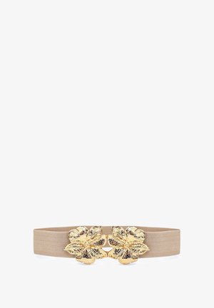 Cintura elastica beige con doppi dettagli hardware a forma di fiore dorati al centro, caratterizzata da una texture liscia e un design flessibile.