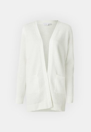 Cardigan en tricot blanc à coupe décontractée, décolleté en V, manches longues et deux poches avant. Tissu texturé avec un ourlet et des poignets côtelés.