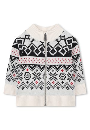 Cardigan en tricot avec fermeture éclair, motifs géométriques en noir, rouge et blanc, col et manches côtelés. Fabriqué en tissu doux.