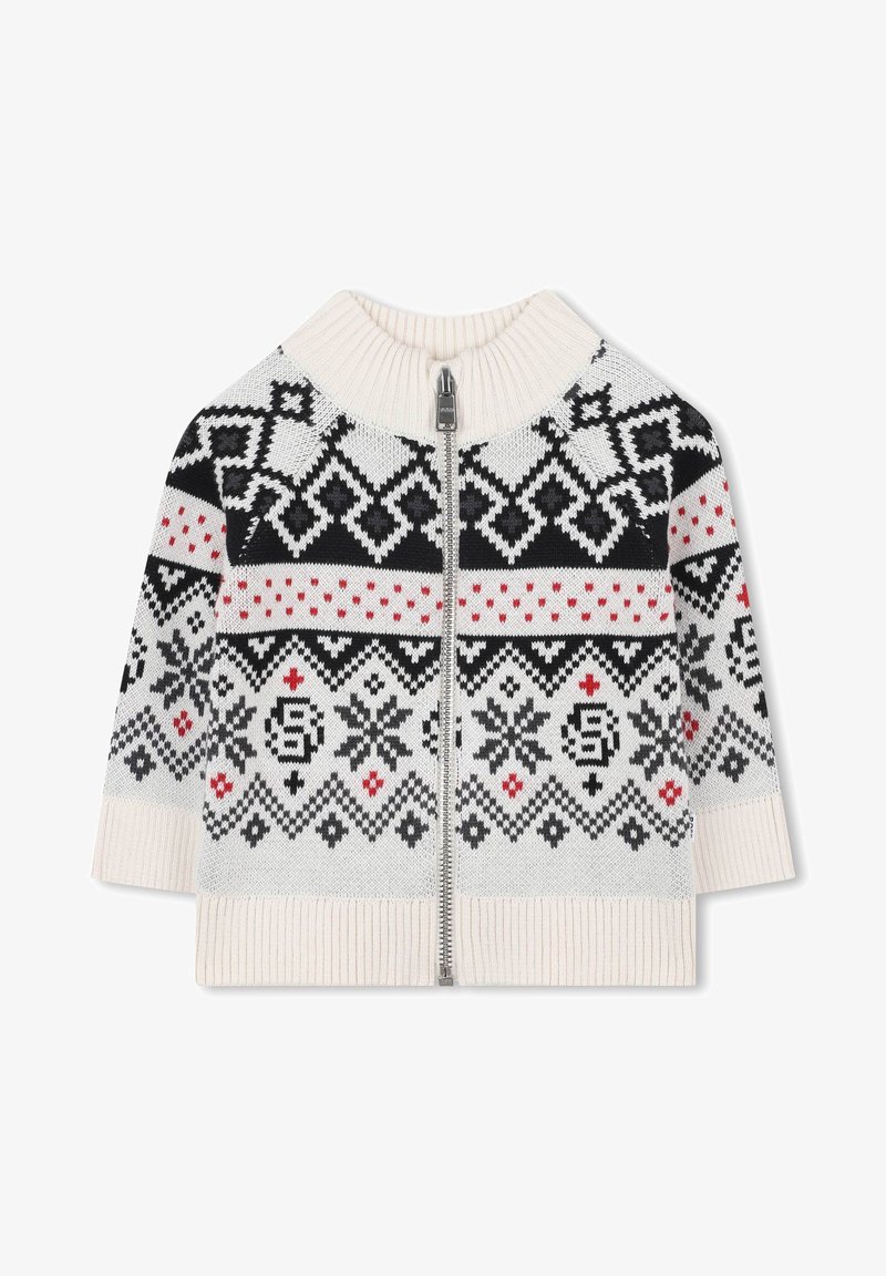 Adīts mētelis ar rāvējslēdzēju, melnā, sarkanā un baltā ģeometriskā rakstā, ar ribota apkakli un aprocēm. Izgatavots no mīkstas auduma.