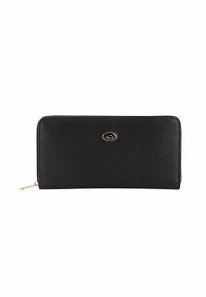 Portefeuille en cuir noir avec une surface texturée, doté d'un accent de logo en ton doré et d'une fermeture éclair le long du bord supérieur.