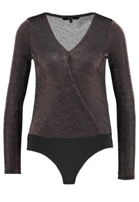Body a maniche lunghe con scollatura profonda a V, realizzato in un materiale nero con delle macchie metalliche, dal design aderente e con un fondo nero liscio.