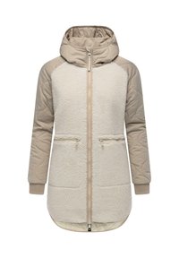 Beige og creme hættetrøje med tekstureret, fleece-lignende forside, lynlåslommer og glatte ærmer; har en fuldlængde lynlås og ribbede manchetter.