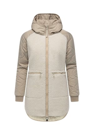 Beige und cremefarbene Kapuzenjacke mit strukturiertem, fleeceähnlichem Vorderteil, Reißverschlusstaschen und glatten Ärmeln; verfügt über einen durchgehenden Reißverschluss und gerippte Bündchen.