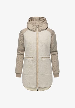 Giacca cappuccio beige e crema con davanti testurizzato simile a pile, tasche con zip e maniche lisce; presenta una zip a tutta lunghezza e polsini a costine.