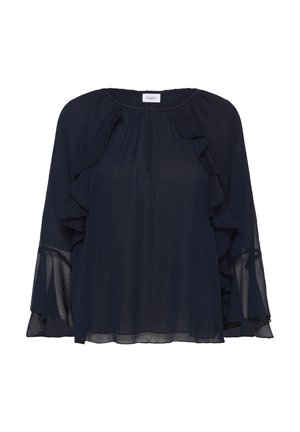 Marineblauwe blouse met gerimpelde mouwen en een zacht verzamelde halslijn. Gemaakt van lichte stof met een vloeiende textuur.