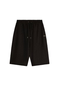 Pantalones cortos negros con un patrón, cinturilla elástica, cierre de cordón y dos bolsillos laterales; tejido texturizado con detalles geométricos.