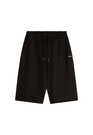 Shorts noirs à motifs avec une taille élastique, fermeture à cordon, et deux poches latérales ; tissu texturé avec des détails géométriques.