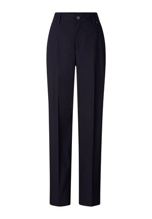 Marineblauwe rechte broek met tailleband, knoopsluiting, riemlussen en voorvouwen.