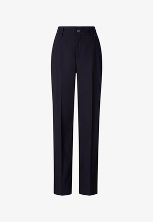 Tmavě modré společenské kalhoty s rovnými nohavicemi, s páskem, zapínáním na knoflík, poutky na opasek a předními záhyby.