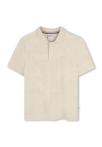 Polo beige realizzato in tessuto a trama con colletto e maniche corte. Presenta un motivo sottile e un logo sul petto.
