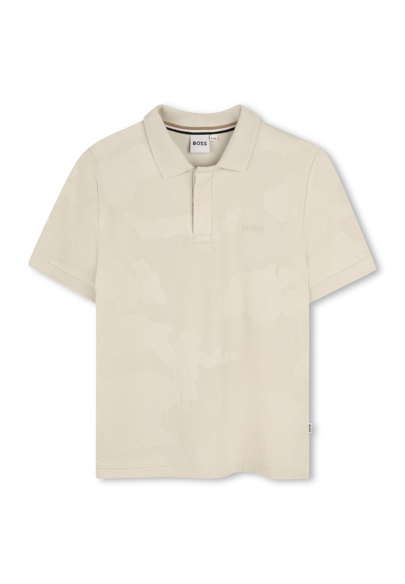 Polo beige realizzato in tessuto a trama con colletto e maniche corte. Presenta un motivo sottile e un logo sul petto.
