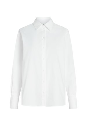 Chemise blanche à manches longues en coton, avec un col pointu et une coupe droite, dotée d’une patte de boutonnage devant et sans motifs visibles.