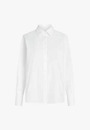 Weißes Langarmhemd aus Baumwolle mit spitzem Kragen und geradem Schnitt, ausgestattet mit einer durchgehenden Knopfleiste und ohne sichtbare Muster.