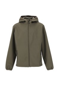 Olivgrön softshell-jacka med framdragkedja, justerbar huva och sidofickor med dragkedja. Tyget har en slät, något matt yta.