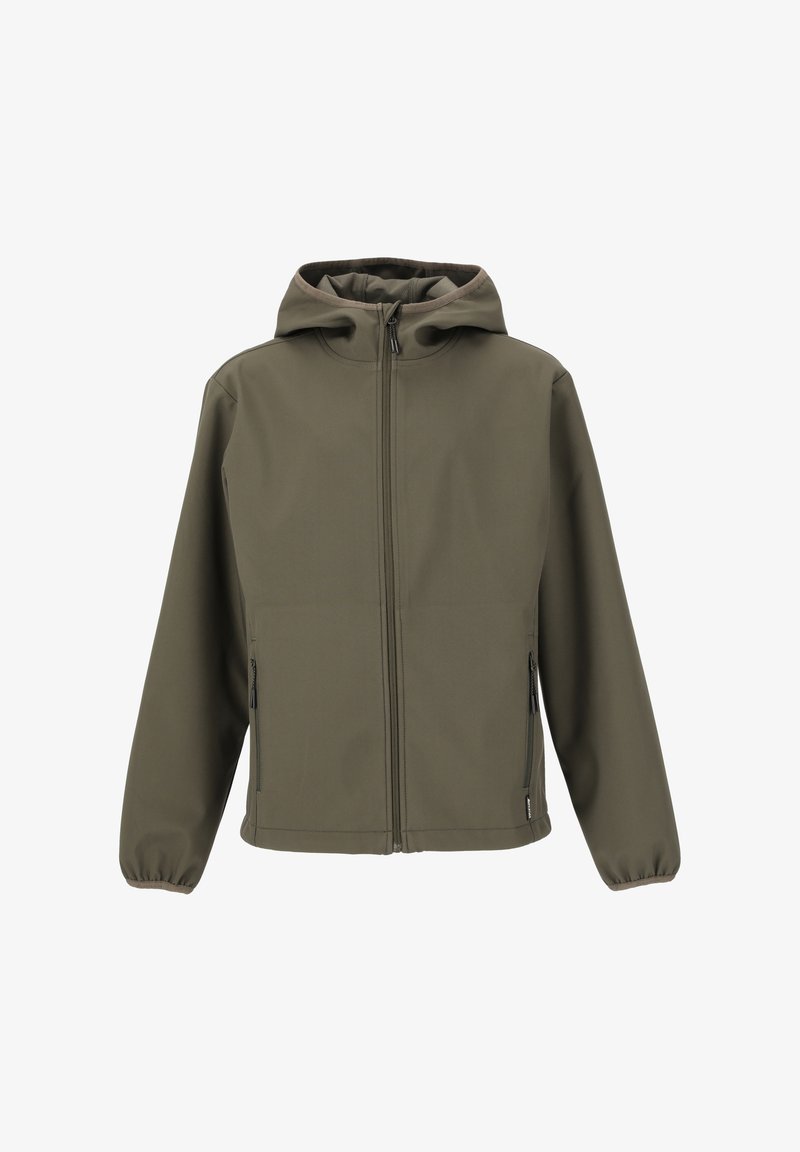 Oliven grøn softshell-jakke med frontlynlås, justerbar hætte og sidelommer med lynlås. Stoffet har en glat, let mat overflade.