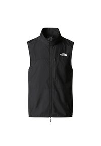 Black, sleeveless vest made of lightweight fabric with a high collar, front zipper, and a small logo on the left chest area.