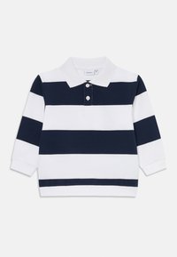 Polo a maniche lunghe a righe blu marine e bianche con colletto e due bottoni, esposto su uno sfondo semplice.