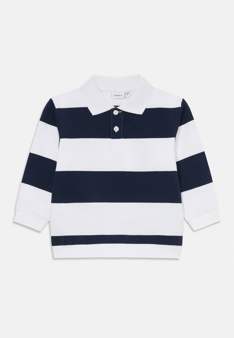 Polo a maniche lunghe a righe blu marine e bianche con colletto e due bottoni, esposto su uno sfondo semplice.