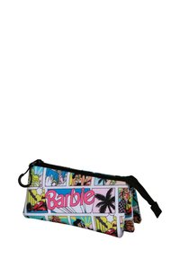 Trousse en tissu sur le thème de Barbie avec un imprimé coloré de style bande dessinée, présentant divers personnages et des motifs de palmiers, fermeture éclair.