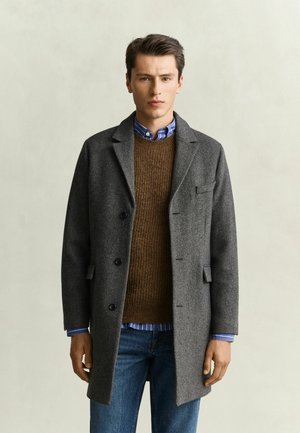Young man wearing a gray buttoned coat over a brown sweater and blue striped shirt, standing against a plain light background.