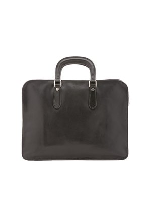 Portadocumenti in pelle nera con maniglie superiori arrotondate, texture liscia, elementi in metallo argentato e chiusura a zip. Forma rettangolare semplice.