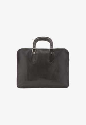 Portadocumenti in pelle nera con maniglie superiori arrotondate, texture liscia, elementi in metallo argentato e chiusura a zip. Forma rettangolare semplice.