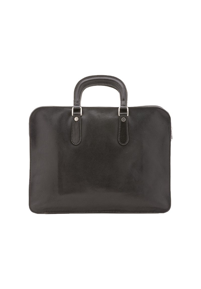 Serviette en cuir noir avec des poignées rondes, texture lisse, accents en métal argenté et fermeture zippée. Forme rectangulaire simple.