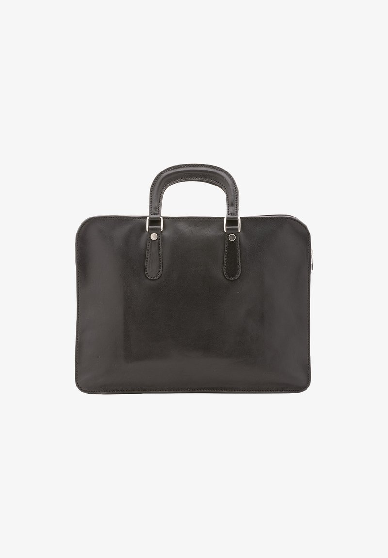 Serviette en cuir noir avec des poignées rondes, texture lisse, accents en métal argenté et fermeture zippée. Forme rectangulaire simple.