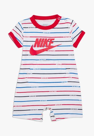 Weißer Baby-Strampler mit roten, blauen und schwarzen Streifen, rotem Kragen und Bündchen, rotem Nike-Logo und Textmuster "Just Do It."