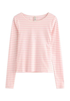Maglietta a maniche lunghe con righe orizzontali rosa e bianche e scollo rotondo, mostrata distesa su uno sfondo bianco.