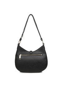Borsa a spalla in pelle nera con forma curva, dotata di una tasca frontale con zip, dettagli in acciaio dorato e una tracolla singola regolabile.